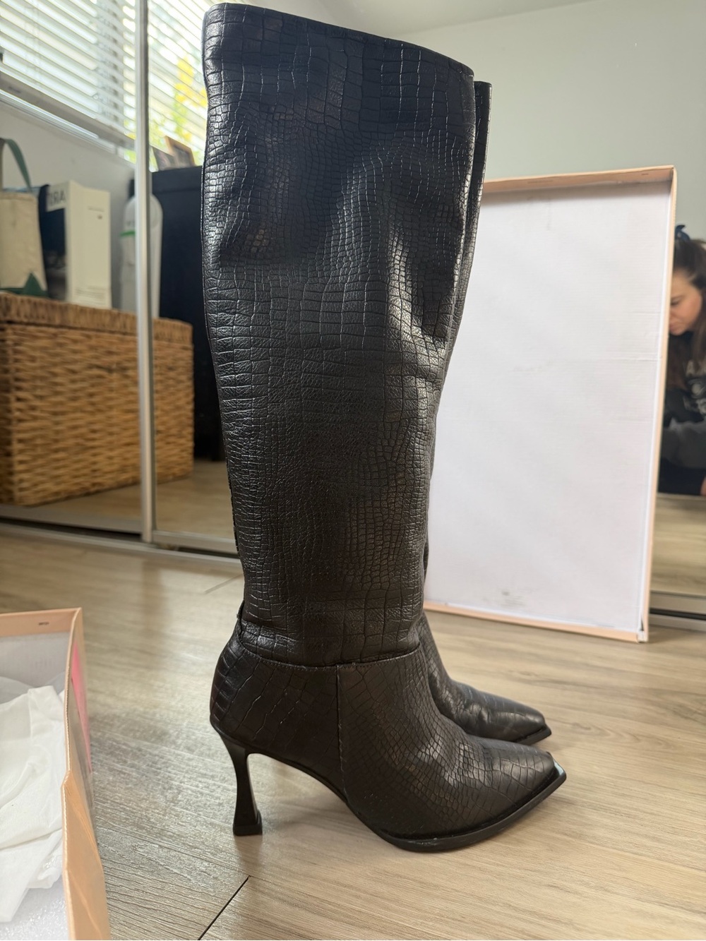 Black Croc-Embossed Over-the-Knee Stiletto Boots